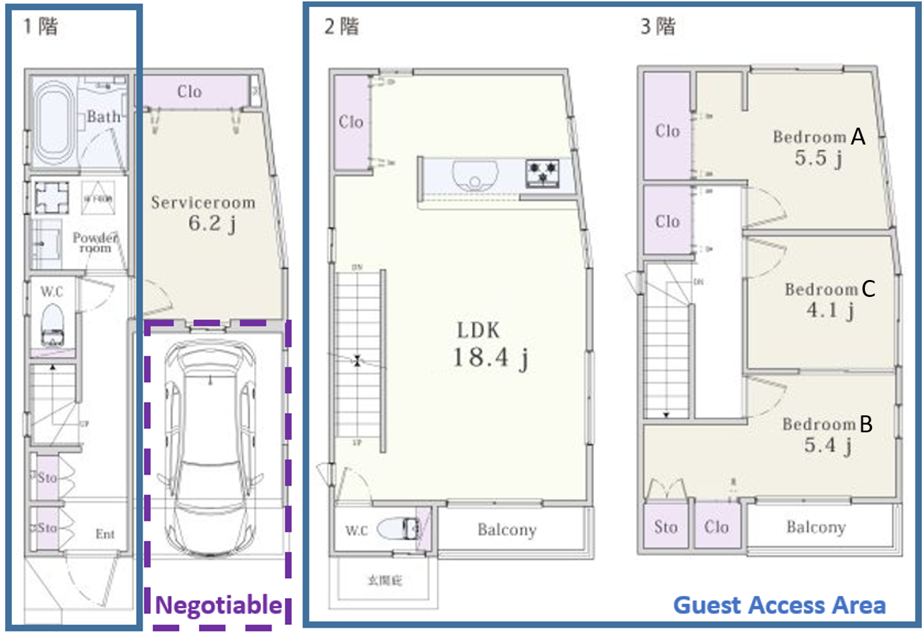 Full floor plan showing all three floors of Nishiya Share House No. 1