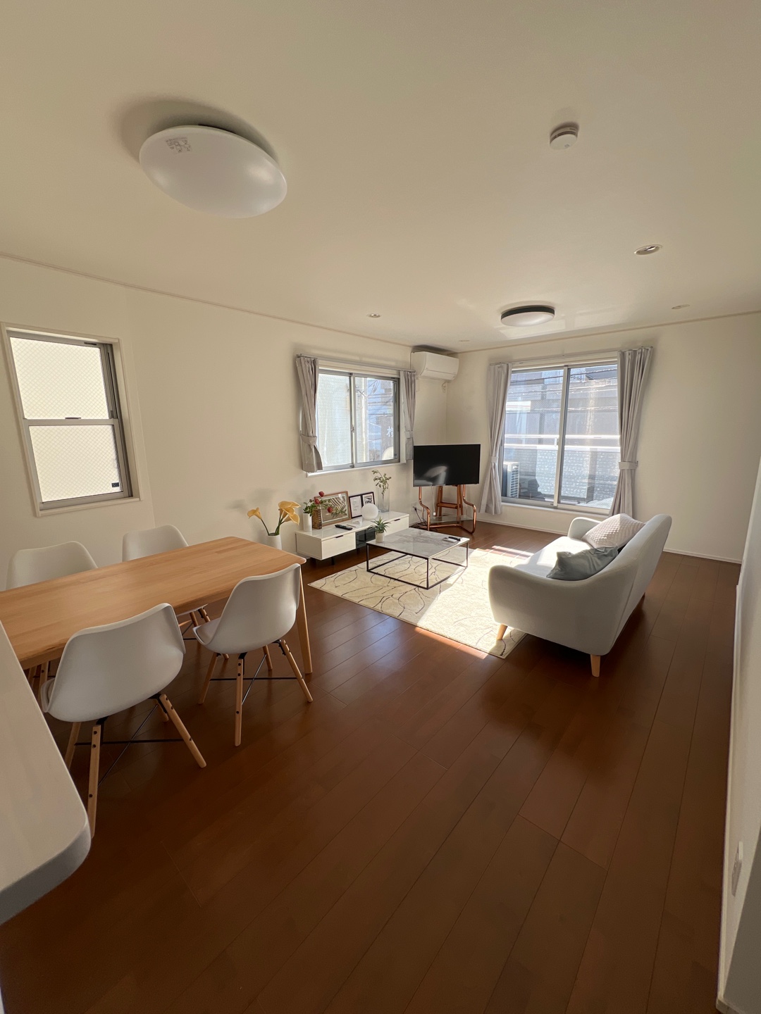 Living room with TV and natural light