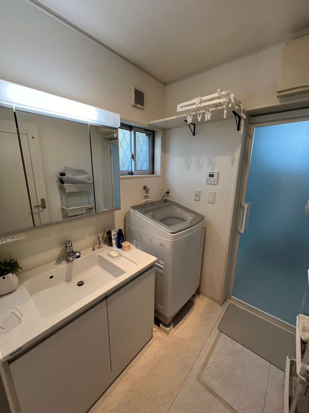 Bathroom with vanity, washing machine, and bath entrance