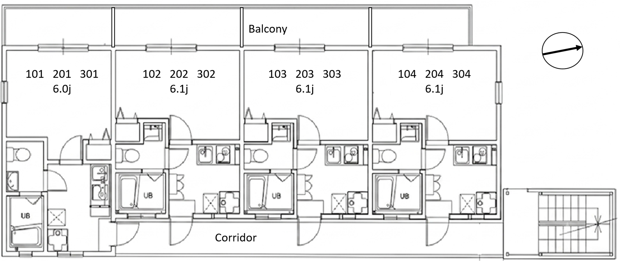 Kanoedai Studios floor plan — 4 units per floor, same layout all 3 floors
