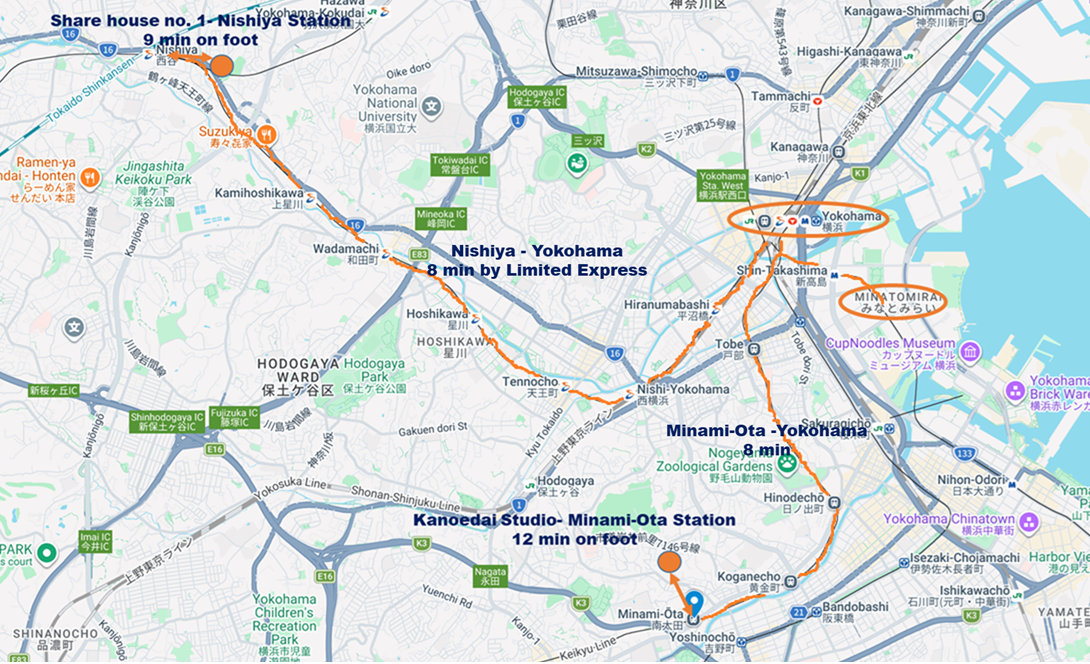 Local transit map: Nishiya Share House (9 min walk from Nishiya Station) and Kanoedai Studio (12 min walk from Minami-Ota Station), with connections to Yokohama