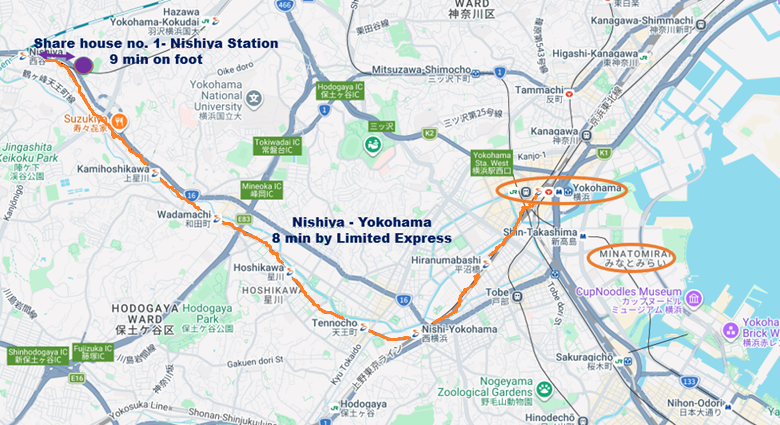 Walk from Nishiya Station to share house — 9 minutes on foot. 